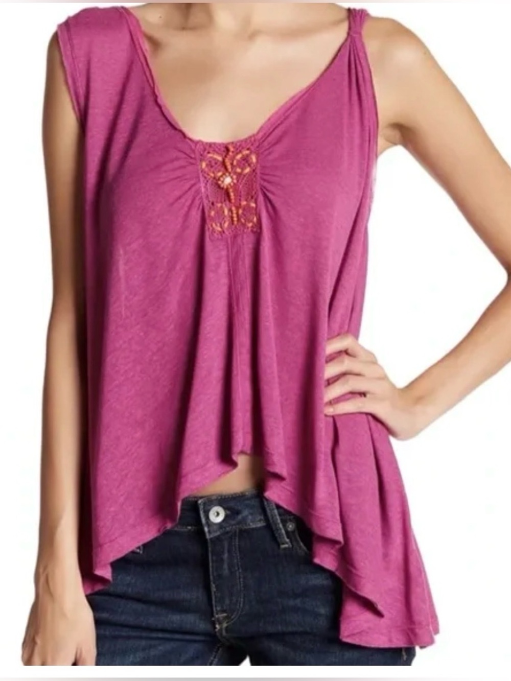 Free People Asymmetrical Pink Tank with Bead and Crochet Detail